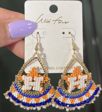 Houston Astros Baseball Beaded Dangle Teardrop Earrings Orange Blue White Gold