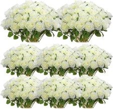Hotop 80 Pcs Rose Artificial Flowers Bulk with Long Stem, Silk Roses White