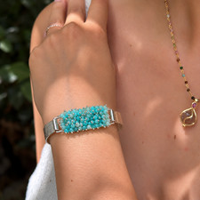 Handcrafted Gemstone Beaded Cuff Bracelet Silver 925 Statement Bangle Women
