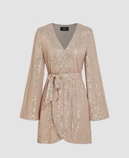 Cider Women's Champagne Gold Sequin V Neck Wrap Mini Dress Size Small NWT