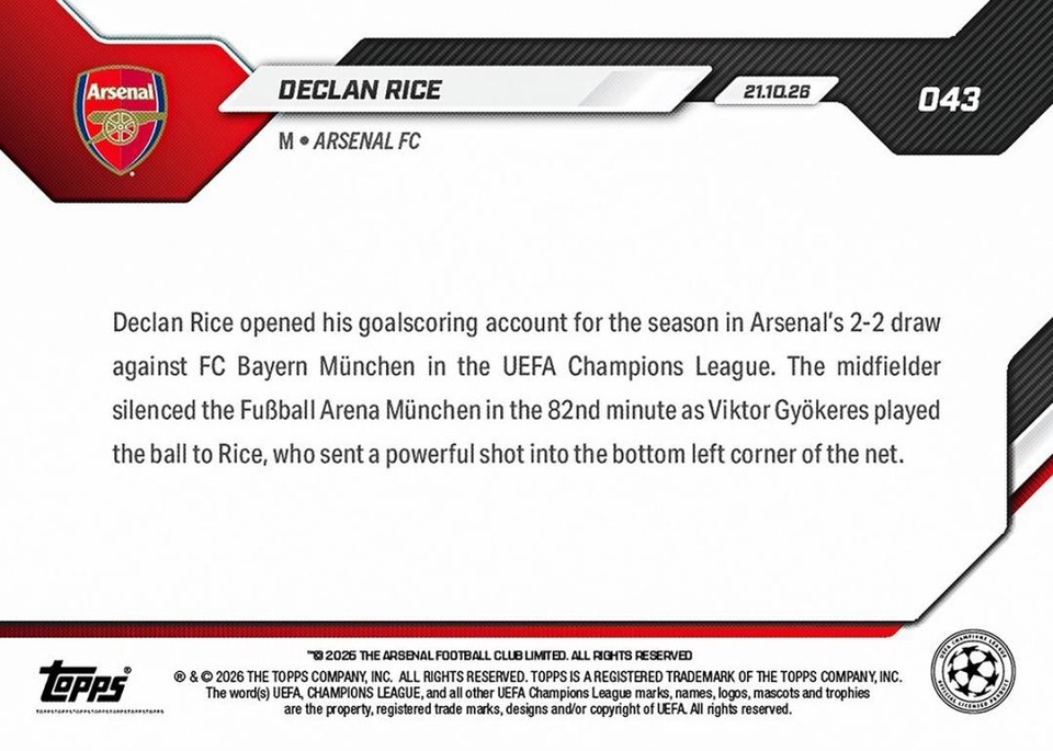 Del Clan Rice Card 2026 Topps Now Declan Rice Arsenal FC UEFA Champions League #043 | eBay