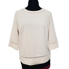 Norm Thompson Petite Cutout Eyelet Beige 3/4 Sleeve Button Keyhole Blouse PM