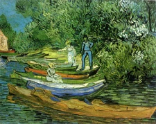 Oil painting Vincent Van Gogh - Bank of the Oise at Auvers with canoes canvas