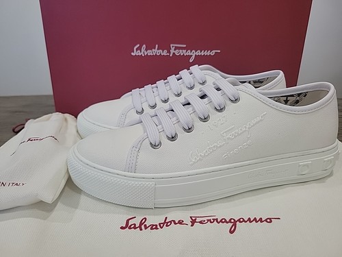 Salvatore Ferragamo Damen-Turnschuhe weiß mediterran tief geschnitten 9 C neu im Karton