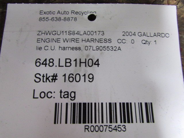 Lamborghini Gallardo, LIC C.U. Wiring Harness, P/N 07L905532A