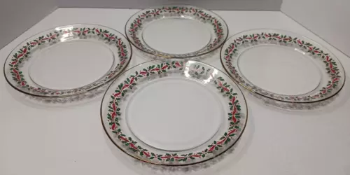 Vintage Arcoroc Christmas 8" Plates Clear Glass w/Holly Garland Border Set of 4