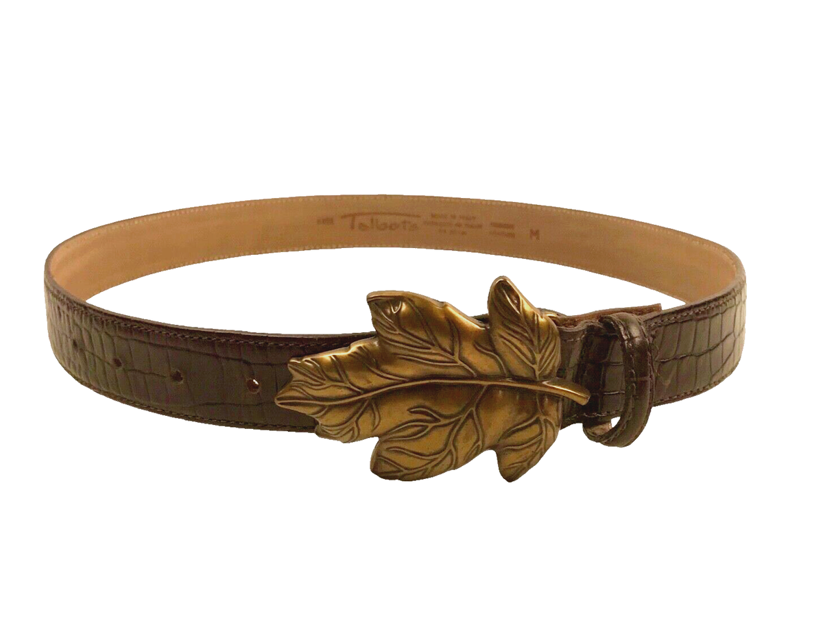 TALBOTS Brown Leather Faux Croc Belt Large Leaf Buckle Made 
