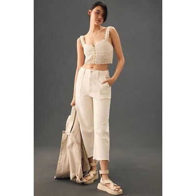 Mother Patch Pocket Private Ankle Fray Cropped Jeans  In Cream Puffs Size 30