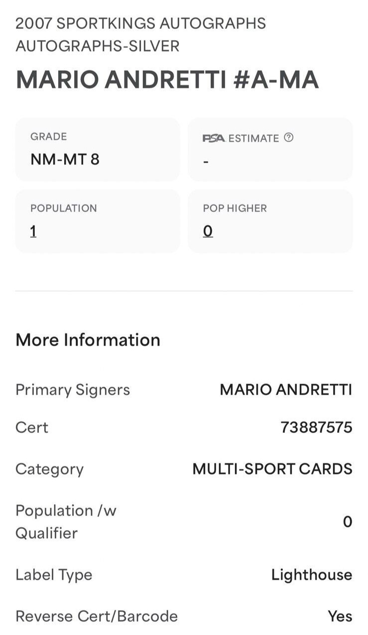 2007 SPORTKINGS Mario Andretti Signed Silver #A-MA PSA 8 Auto 10 Racing Card view 2