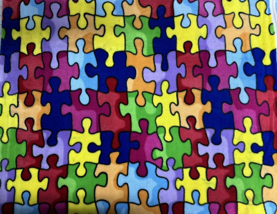 Dye FLAW BTY 60'' Wide AUTISM Awareness Rainbow Jigsaw PUZZLE Piece Fleece Fabric