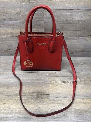 Michael Kors Mercer Medium Bright Red Pebble Leather Messenger Crossbody
