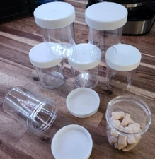 SET OF 7 -- 4 oz Small Plastic Containers Screw On Lids 2 inch inside dia.
