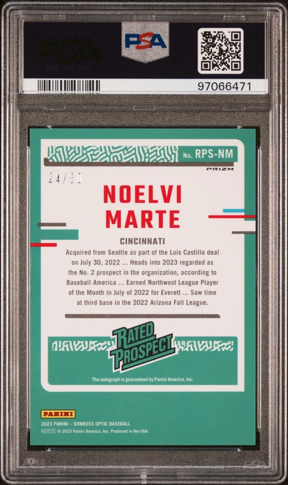 Noelvi Marte 2023 Donruss Optic Rated Prospect Red Prizm RC Auto /60 PSA MINT 9 - Image 3 of 3