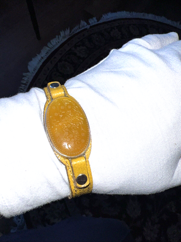YELLOW LEATHER Bracelet Men's/ Women's Wristband ENGRAVED AQEEQ SILVER FRAME - Picture 12 of 20