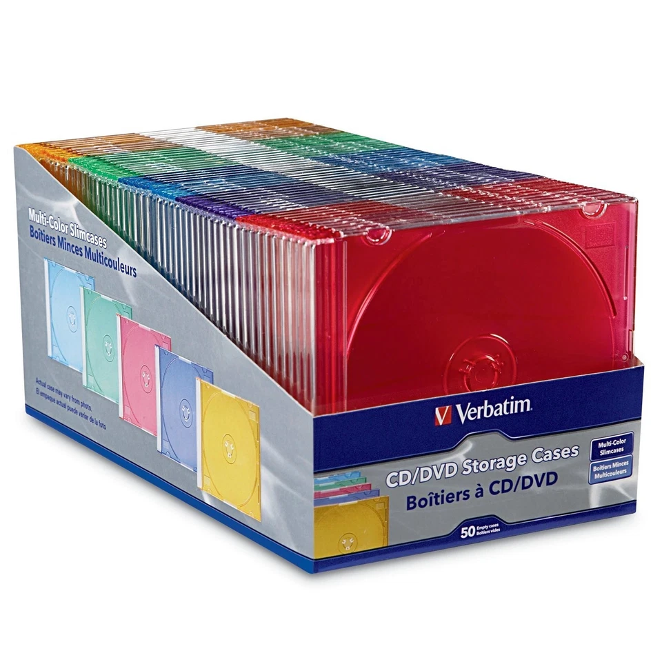 VERBATIM 50 x Coloured CD/DVD Slim Cases - Tape Arrays with Thin Spine Durable Case