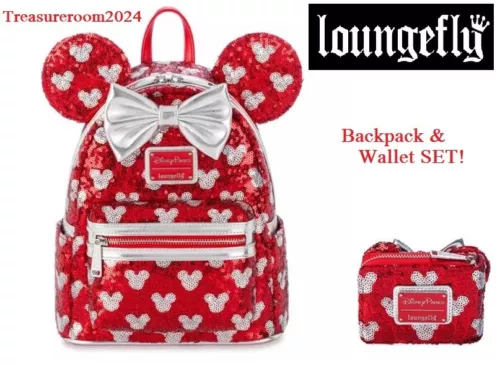 LOUNGEFLY Disney PARKS Minnie Mouse Sequined Backpack & Wallet SET! NEW!
