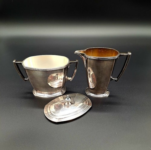 Set caffè piatto comunitario, placcato argento, anni '30, motivo "classico", art deco - Foto 6 di 11