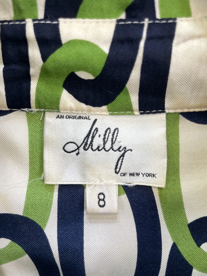 Milly Green Navy Chain Print Shirt Dress Size 8 Women’s Belted Button Front - Image 2 of 4