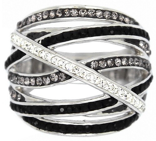 Fine Silver Plated & Rhodium Ring with White, Black & Champagne Crystals - Picture 1 of 3