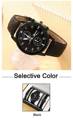 Ensemble Montre Militaire Homme + 4 Bracelets Cuir - Noire, Quartz, Acier - Neuf Avec étiquettes
