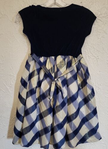 Tahari Girls 7 Blue Velvet Gold Plaid Skirt Crinoline Dress Holiday Christmas - Picture 2 of 8