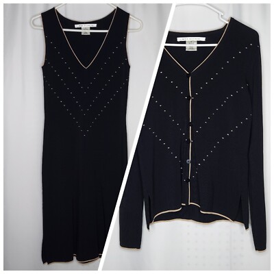 Max Studio Knit Dress Cardigan Set XS Black Slinky Stretch Tan Embroidered Trim