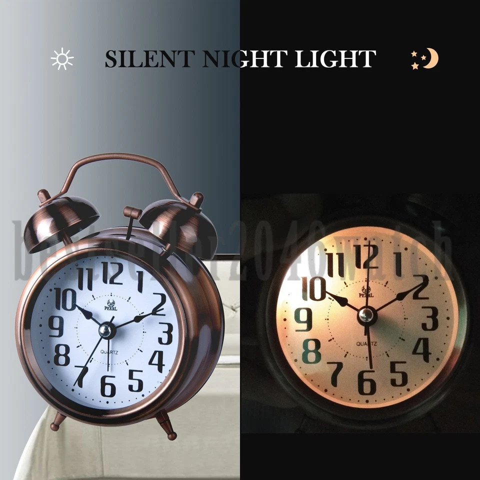 Twin Bell Alarm Clock Backlight Silent Desk Bed Bronze Cute Metal Table Clock - Image 3 of 4