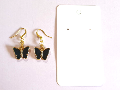 🦋Sweet Black Faux Mother of Pearl/Rhinestone Butterfly Gold Plated Earrings🦋 - Picture 4 of 9