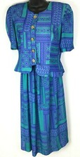 Vintage 70s Lady Carol Petites Two Piece Skirt Set Small Green Purple Geometric