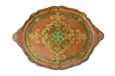 Wooden Gold Pink Vanity Painted Plaster & Wood Tray Dresser Handled Holder