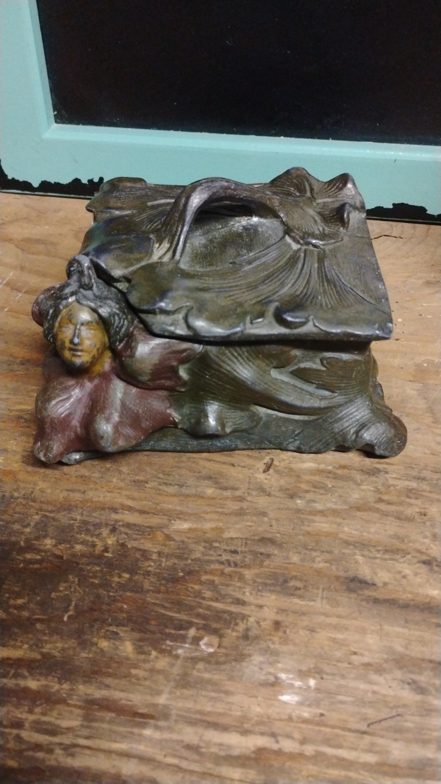 antique art nouveau bronze lady embossed  Jewelry Trinket container