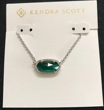 Kendra Scott Elisa Silver Short Pendant Necklace in Green  Cat's Eye Stone
