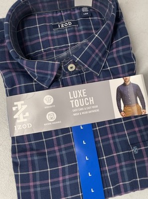 IZOD Men's Luxe Touch Long Sleeve Plaid Button Up Shirt BLUE/PURPLE Soft NWT