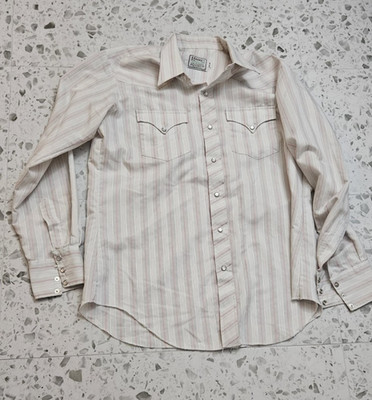 VTG  H Bar C Pearl Multicolor Striped Snap -Western Ranch Wear L/S Shirt 16.5-36