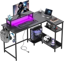 Office Table Reversible Computer Desk L Shaped Gaming Desk w/ Hook & LED Lights