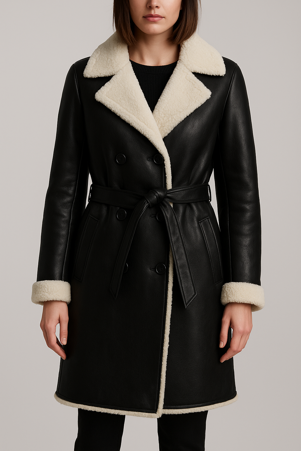 Women’s Black Leather Shearling Coat Mid Length Belted Trench Jacket Winter Coat