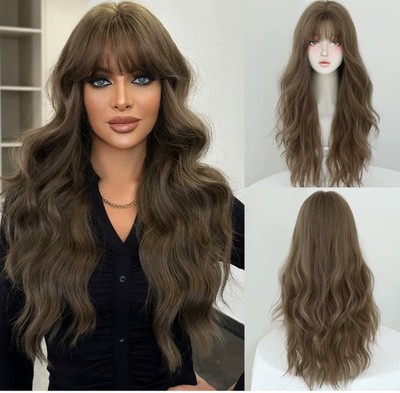 Real Human Hair Fashion for Women Hair Style Long Dark Brown Wavy Wig 26In