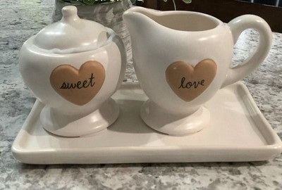 Rae Dunn SWEET & LOVE Sugar and Creamer Set With Ceramic Tray (4 Piece Set) New