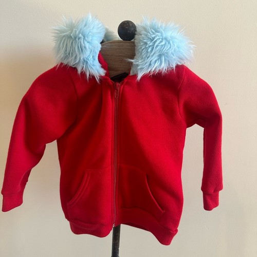 Child’s Red Hoodie Size 6 Monster Horns Blue Fur Bird Zip Up Handmade Artisan - Picture 3 of 10
