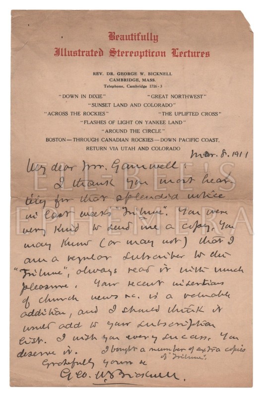 Autograph Letter Signed By George W. Bicknell To Editor Cambridge Tribune, 1911