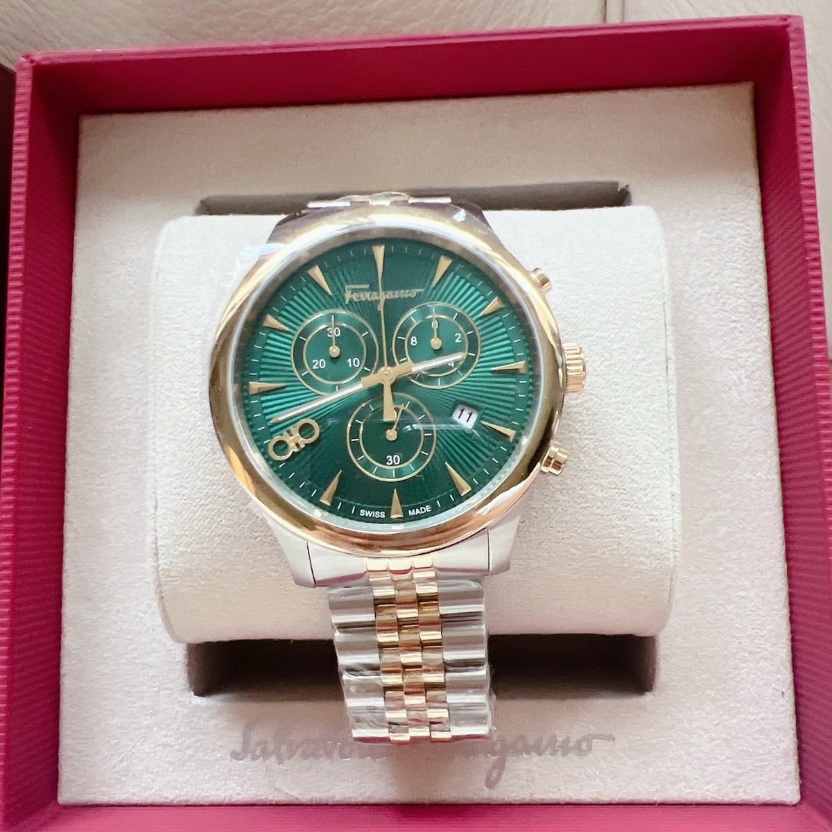 Ferragamo Duo Chrono Bracelet Watch TWO Tone Gold Silver - Green 