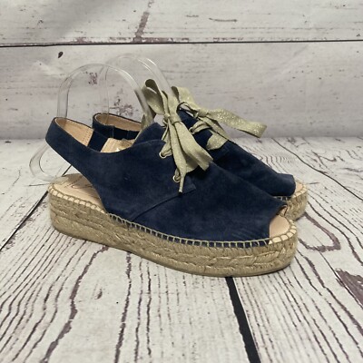 Gaimo Espadrille Sandals Womens sz 8.5 Blue Suede Lace Up Peep Toe Handmade