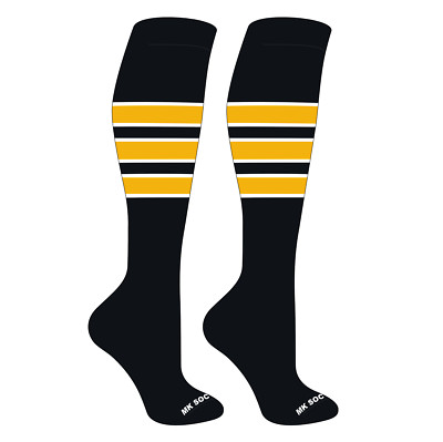 MK Socks Striped OTC Baseball, Softball, Football Socks (C) Black, White, Gold