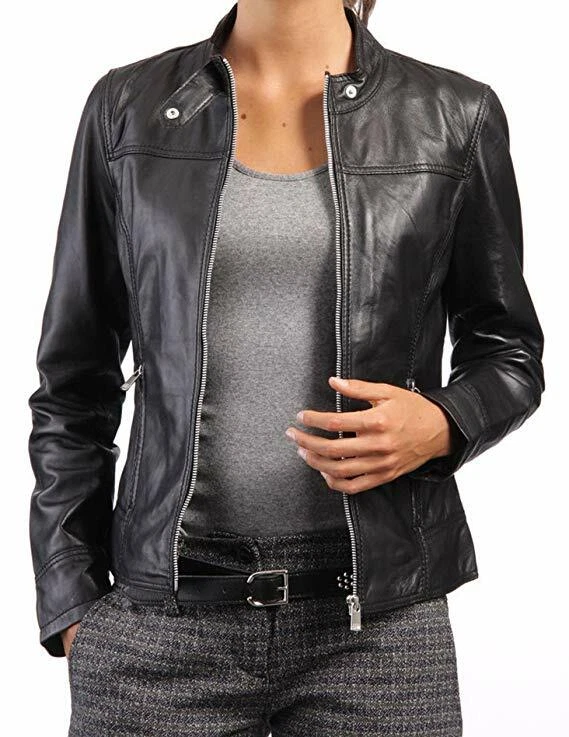 New Femme V ritable Cuir Veste Cintr Femme Motard Manteau Noir eBay