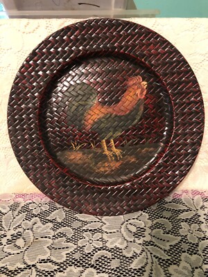 Hand painted Rooster plastic wicker design platter 13 Inch a3