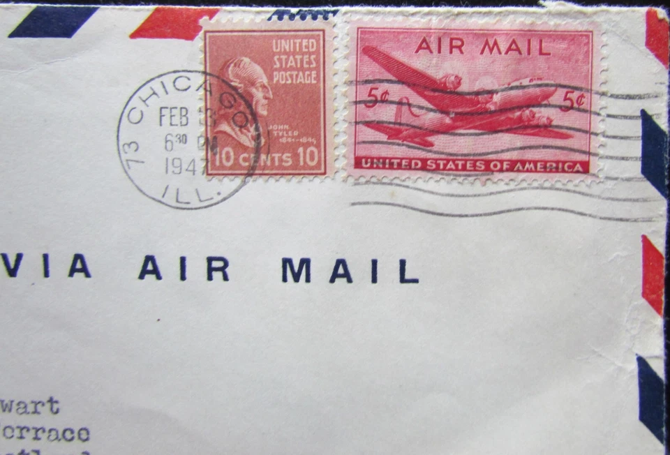 1947, 10 CENT PREXY AND 5 CENT AIR MAIL STAMP ON AIR MAIL COVER TO SCOTLAND - Image 3 of 4