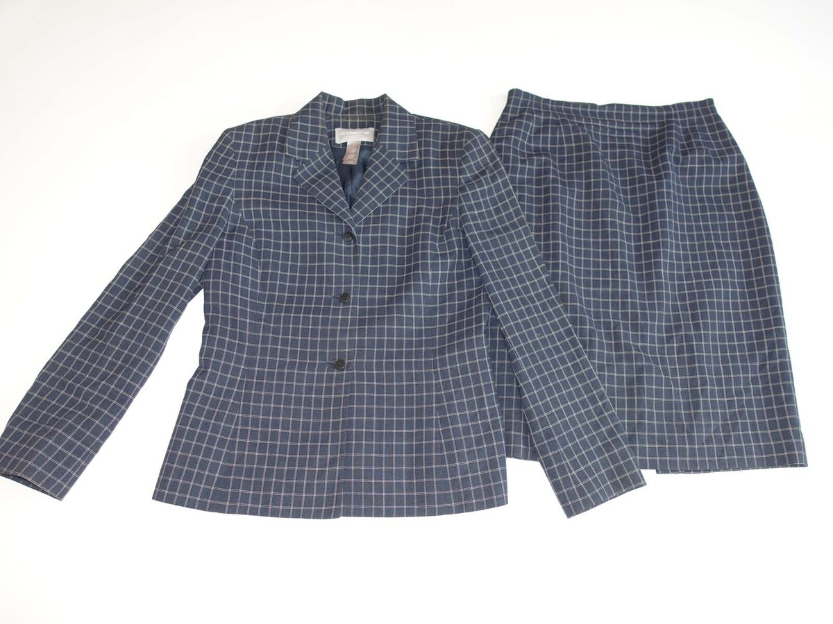 Liz Claiborne Women's Blazer Skirt Suit Size Navy Blue Linen Blend Check  Lined