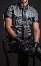 Men's Real Leather Contrast Panels Gray Short Sleeve Police Shirt Bluf Shirt