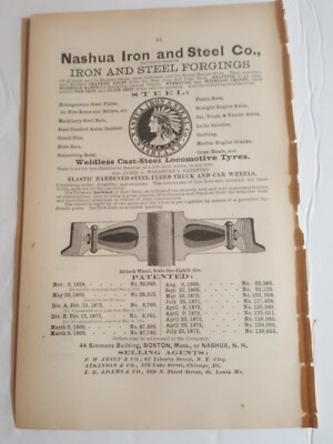   1884 Druckanzeige NASHUA IRON & STEEL Eisenbahn Wagen Räder Dampf Marine Arbeit NH