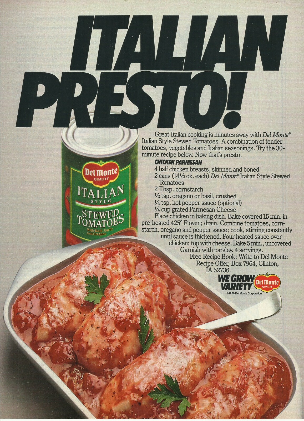 1988 Del Monte Italian Style Stewed Tomatoes Presto Vtg Print Ad 1988-del-monte-italian-style-stewed-tomatoes-presto-vtg-print-ad